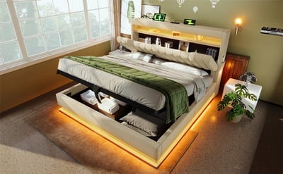 VVBV Gestoffeerd Opbergbed 160x200 cm - LED, USB-C, Hydraulische Opbergruimte, Opberghoofdbord, Lades, Linnen, Zonder - 890B