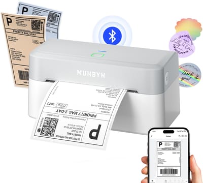 MUNBYN 4 inch Thermische Labelprinter – Verzendlabel Printer 100x150 mm – Zonder Inkt – USB Labelprinter voor Webshop, Pakketten en Barcode Labels – Wit