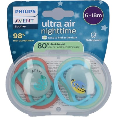 Philips Avent Ultra Air Night – Glow-in-the-dark fopspeen –(6-18 mnd) Extra luchtopeningen – 2 stuks - SCF376/28
