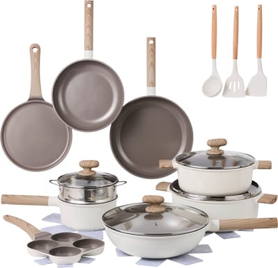 Alice by ISENVI Pannenset Inductie - Keramisch - 20 Delig - PFAS, PTFE Vrij - Alle warmtebronnen - Beige