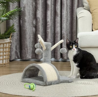MEUNIQ krabpaal 40 cm met huisje, 2 speelballen, krabmat en ligplaat in pootvorm, kattenkrabmeubel van pluche en sisal voor spelen, krabben en rusten, lichtgrijs
