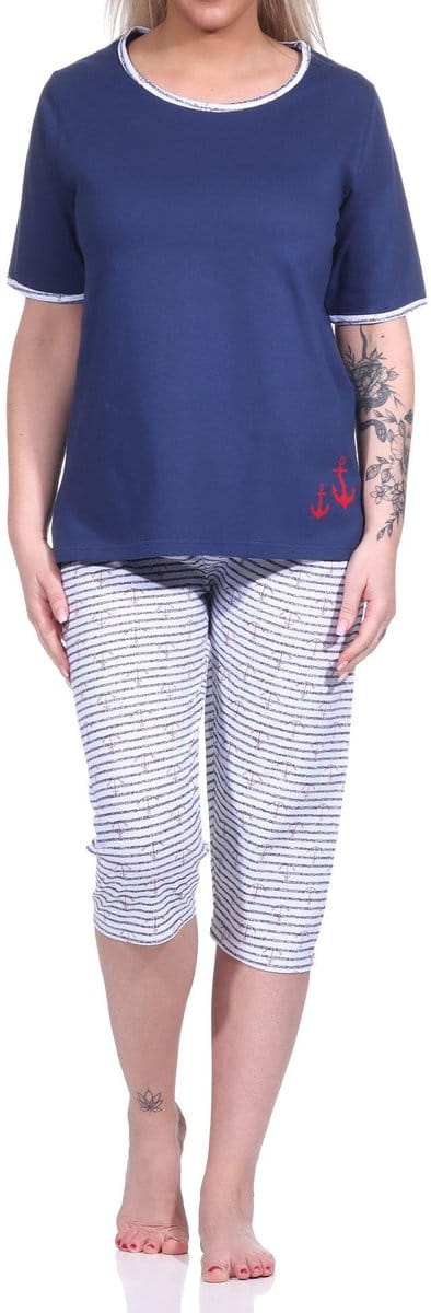 Capri pyjama korte mouw, dames pyjama met 3/4 broek in maritieme look - 123 151