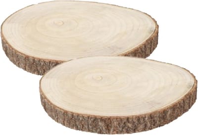 Chaks Decoratie boomschijf met schors - 2x - hout - D34 x H4 cm - rond - Onderborden/kaarsenplateaus