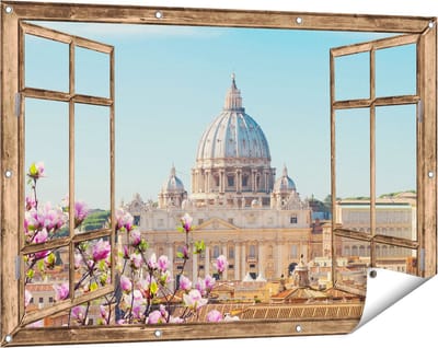 Gards Tuinposter Doorkijk Sint Pietersbasiliek in Rome met Bloemen - 120x80 cm - Tuindoek - Tuindecoratie - Wanddecoratie buiten - Tuinschilderij