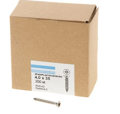 Hoenderdaal Spaanplaatschroef RVS platverzonken kop PZ2 voldraad 4.0X35 (per 200 stuks)