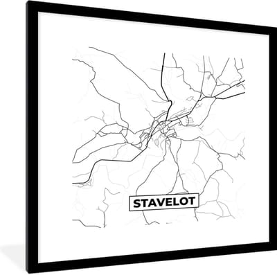 Fotolijst incl. Poster Zwart Wit- Stadskaart – Plattegrond – België – Zwart Wit – Stavelot – Kaart - 40x40 cm - Posterlijst