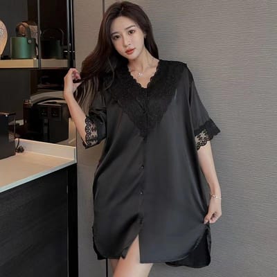 Ijszijde Nachthemd Vrouwelijk Boyfriend Stijl Overhemdjurk Kant Sexy Zomer Dunne Middellange Lengte Lente en Herfst Zijden Pyjama XL