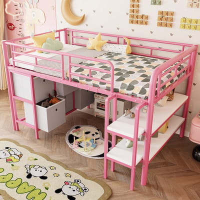 Hoogslaper 90x200cm - kinderbed met opbergruimte - met brede ladder - afgeronde hoeken - lade en plank - zonder matras - roze