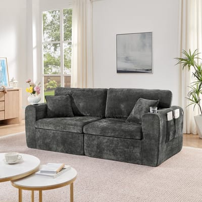 OKWISH 2-Zitsbank - Compact Relaxsofa Met USB, Bekerhouders En Opbergvak - Voor Kleine Woonruimtes - Chenille - Zwart
