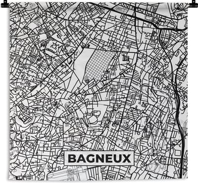 Wandkleed - Wanddoek - Kaart - Plattegrond - Frankrijk - Stadskaart - Bagneux - Zwart wit - 180x180 cm - Wandtapijt