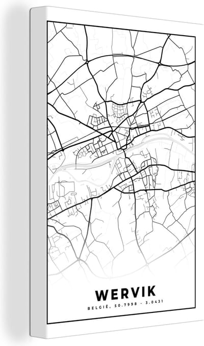 Canvas Schilderij België – Wervik – Stadskaart – Kaart – Zwart Wit – Plattegrond - 20x30 cm - Wanddecoratie