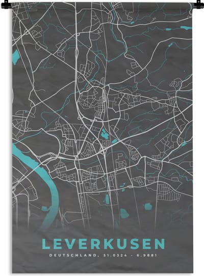 Wandkleed - Wanddoek - Stadskaart – Kaart – Leverkusen – Blauw – Duitsland – Plattegrond - 120x180 cm - Wandtapijt