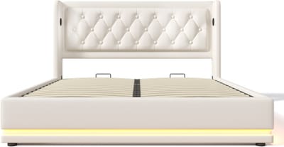 Gotagee Gestoffeerd bed 160x200cm tweepersoonsbed (zonder matras) wit PU hydraulisch opbergbed met USB Type-C oplaadfunctie en 3-zijdige LED-functie