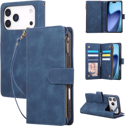 YPCd Wallet Case Pasjeshouder met Rits – Geschikt voor Apple iPhone 17 Pro Max – Luxe Bookcase Hoesje met 6 Pasjesvakken & Polsbandje – Blauw