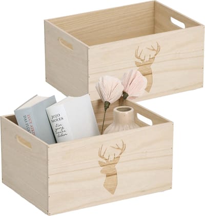 Zeller Opberg box/kist - 2x - naturel - hout - gestempeld hertenmotief - 35 x 25 x 18 cm - speelgoed opbergen