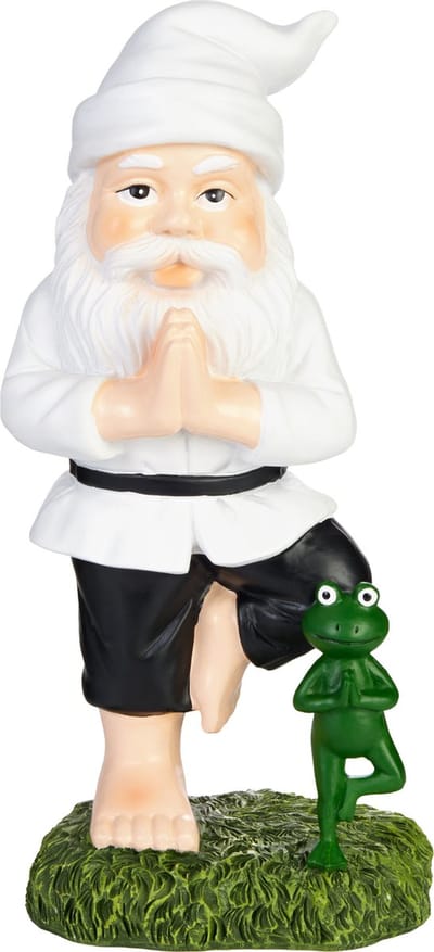 BRUBAKER Tuinkabouter Yoga Oefening Boom - Kabouter met Kikker - Sportief Tuinbeeld Yoga Oefening Vrksasana - Grappige Witte Zen Decoratie Weerbestendig voor Tuin en Camping - 24 cm hoog