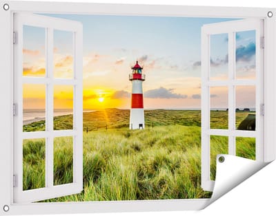 Gards Tuinposter Doorkijk Vuurtoren met Zonsopgang op een Eiland - 90x60 cm - Tuindoek - Tuindecoratie - Wanddecoratie buiten - Tuinschilderij