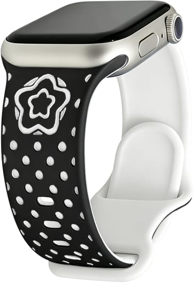Stravo Dubbellaags Siliconen Dames Bandje met Uitgesneden Sterpatroon – Zacht & Lichtgewicht – Geschikt voor Apple Watch 46mm (Series 11/10), 45mm (Series 9/8/7), 44mm (Series 6/5/4, SE 3/2/1), 49mm (Ultra 3/2/1) – Zwart / Wit