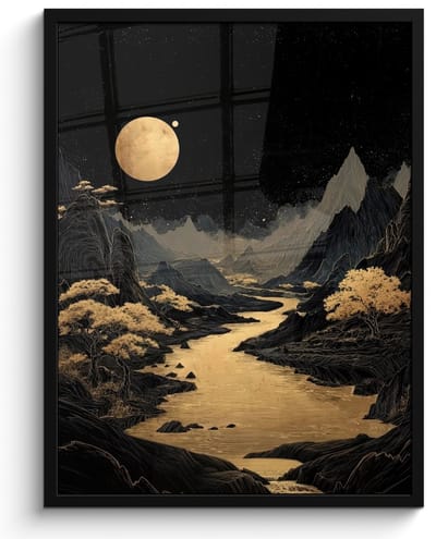Poster in lijst - Fotolijst 60x80 cm - Posters - Gouden rivier - Bergen - Maan - Sterrenhemel - Posterlijst zwart - Decoratie - Wanddecoratie woonkamer - Muurdecoratie slaapkamer