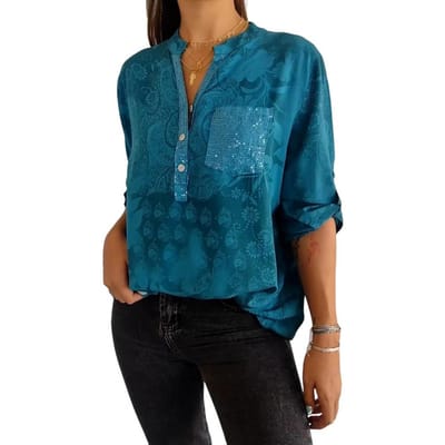 Dames Zomer Shirt V-hals Revers Half Mouw Trui Tops Bedrukking Knopen Half Sluiting Pailletten Opgestikte Zak Los Shirt L blauw
