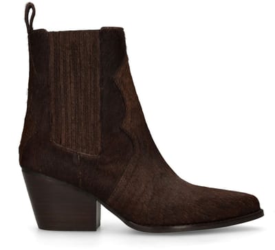 Sacha - Dames - Donkerbruine pony hair enkellaarsjes met hak - Maat 36