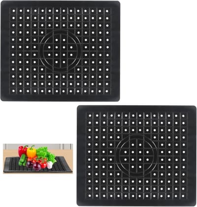 Zwart - 2-delige gootsteenmat - Gootsteeninzetstuk - 31 x 26 cm - Rubber - Gootsteenmat - Voor gootstenen - Mat - Gootsteenbescherming - Spatlap - Afvoermat - Mat beschermt gootsteen en vaat tegen krassen en beschadigingen