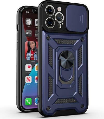 Hoesje Geschikt voor iPhone 13 pro Hoesje met Camera Bescherming Blauw – met ring houder Rugged Armor Back Cover - Case - Camera Schuif