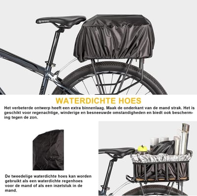 Thijox - Fietsmand Achter - Grote Bagagedragermand met Houten Bodem, Waterdichte Afdekking, Cargo-Net, Hoog Draagvermogen voor Fiets en E-bike