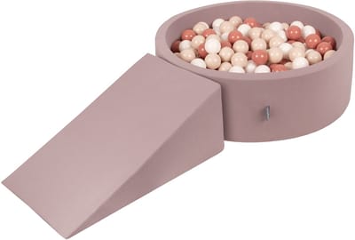 KiddyMoon Schuim speelplaats met helling en ballenbad 100 ballen - Foam hindernisbaan baby - Wasbare hoes - Heide: Pastelbeige Wit