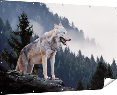Gards Tuinposter Grijze Wolf in de Bossen - 180x120 cm - Tuindoek - Tuindecoratie - Wanddecoratie buiten - Tuinschilderij