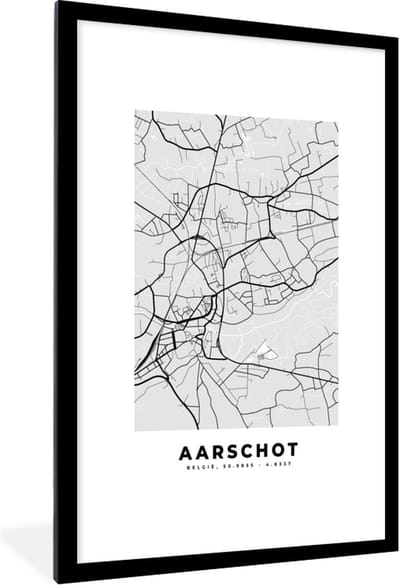 Fotolijst incl. Poster Zwart Wit- Kaart – Plattegrond – Stadskaart – Aarschot – België – Zwart Wit - 80x120 cm - Posterlijst