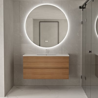 Badkamermeubel met wastafel Eiken 100 CM en Ronde LED Badkamerspiegel 100 CM - Complete Badkamermeubelset - Vestland