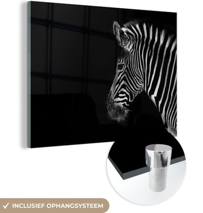 MuchoWow® Glasschilderij 160x120 cm - Schilderij acrylglas - Zebra - Wilde dieren - Zwart - Foto op glas - Schilderijen