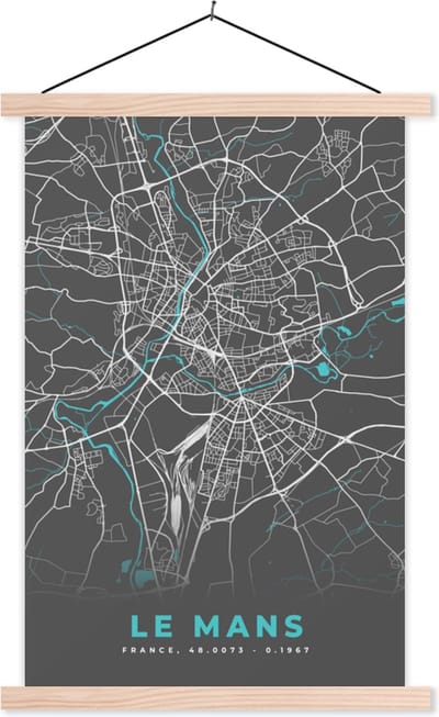 Posterhanger incl. Poster 40x60 cm - Schoolplaat - Le Mans - Plattegrond - Kaart - Stadskaart - Frankrijk - Textielposter - Blanke latten - Stadskaart