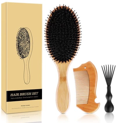 Dailygoods- Haarborstel Varkenshaar - Bamboe Paddle Haarborstel - Antiklit Haarborstel - Geschikt voor Alle Haartypes - Inclusief Houten Kam - Gezond en Zacht Haar - Haarborstelset
