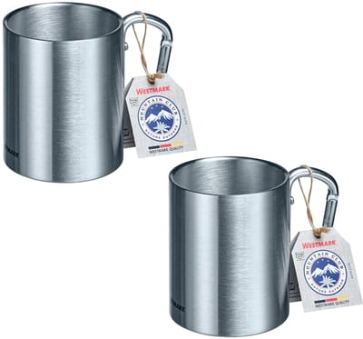 Westmark 2 roestvrijstalen bekers met karabinerhandvat voor onderweg, volume: 300 ml elk, roestvrij staal/aluminium, zilver, 615422E3