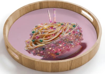 Dienblad rond 40x40 cm - Schootdienblad hout - Noodles - Edelstenen - Stokjes - Roze - Borrelplank rechthoek - Plateau houten dienbladen