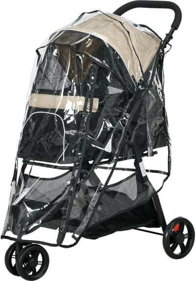 Merax 2 in 1 Hondenbuggy met Regenhoes Opvouwbaar voor Kleine Honden en Katten tot 10 kg met Kussen Netvensters Opslagmand Khaki