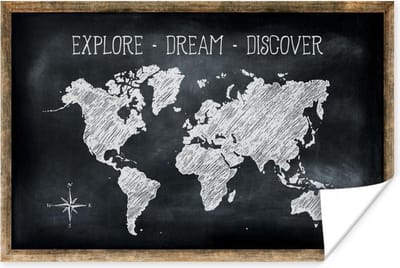 Poster 30x20 cm - Wereldkaart - Krijtbord - Quote - Posters - Kamer decoratie - Wanddecoratie woonkamer - Muurdecoratie slaapkamer
