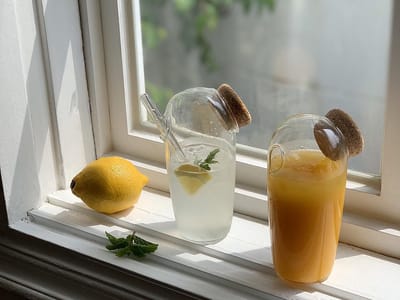2 x kleine 250 ml JULIE karaf kannetje melk olie en azijn, inclusief glazen rietje en kurk