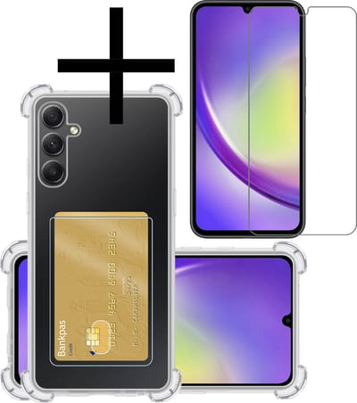 Hoesje - Geschikt voor Samsung Galaxy A34 - Met Screenprotector - En Pashouder - En Kaarthouder - Telefoon Hoes Shockproof - Siliconen Case - Back Cover - Shock Proof - Pasjes Houder - Transparant