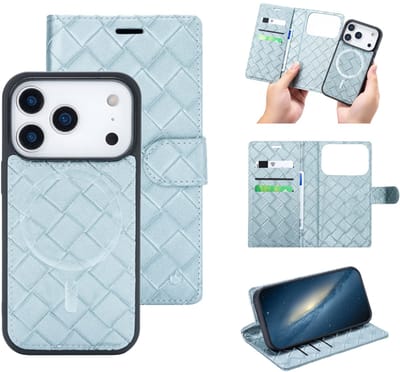 Casemania Hoesje Geschikt voor iPhone 17 Pro - Light Blue - Luxe 2 in 1 Bookcase - Magnetisch Portemonnee Telefoonhoesje met Pasjeshouder en Standaardfunctie - Kunstleer Wallet Case met Fluwelen Touch - Afneembare Cover geschikt voor MagSafe - Blauw