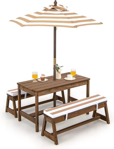 Picknicktafel - Kinderen - Tuintafel - Multifunctionele Picknick tafel - Met parasol - Speeltafel - Geschikt voor Buiten - Hout - Koffie