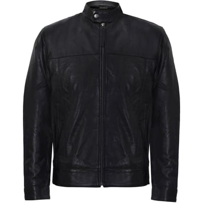 Leren bikerjack met mandarijnkraag