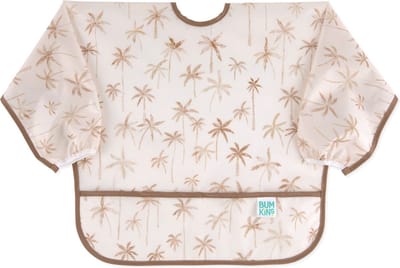 Bumkins Sleeved Bib - Waterdichte Mouwslab met Opvangbakje - Slab met Lange Mouwen - Knoeislab en Slabbetje voor Baby en Peuter - Kliederschort - Machinewasbaar - Baby Led Weaning BLW - Palm Daze Palmbomen - Beige - 6-24 maanden