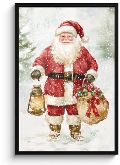 Poster in lijst - Fotolijst 60x90 cm - Posters - Kerstman- Winter - Sneeuw - Wit - Rood - Posterlijst zwart - Decoratie - Wanddecoratie woonkamer - Muurdecoratie slaapkamer - Kerstversiering - Kerstdecoratie voor binnen - Kerstmis