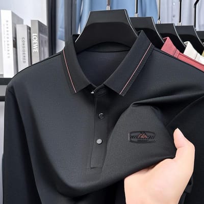 Polo Homme à Revers Manches Longues T-shirt Automne Couleur Unie Imprimé Affaires Polyvalent Loisir Vêtement pour Homme Haut 4XL noir