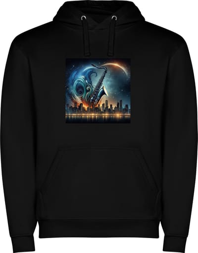 Zwarte unisex hoodie met “ Kleurrijke Saxofoon – Muziek – Muziekinstrument – Skyline - Vrolijk “ Print Full Color Color merk Roly maat S