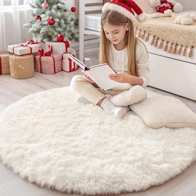 Olanly Pluche Tapijt - Wit - Hoge Pluis - Geschikt Voor Woonkamer En Slaapkamer - 122x122 cm - Rond