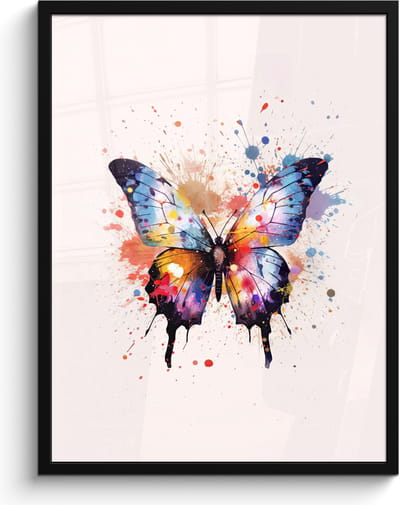 Poster in lijst - Fotolijst 60x80 cm - Posters - Vlinder - Roze - Verf - Kleurrijk - Posterlijst zwart - Kamer decoratie - Wanddecoratie kinderkamer - Muurdecoratie babykamer